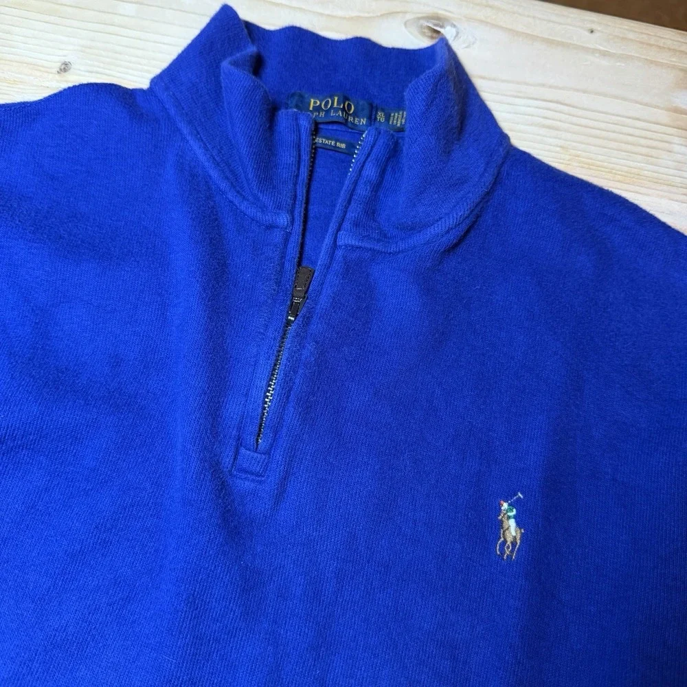 Polo Ralph Lauren Sweater Mens XL Blue 1/4 Zip Pullover Estate Rib‎ Embroidered